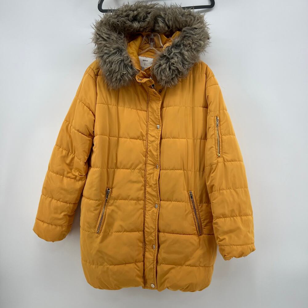 Forever 21 Puffer Parka Women's L Yellow Gold Fur Hood Longline Winter Coat Y2K